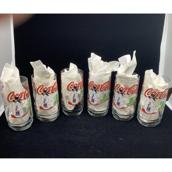 Set of 6 Coca-Cola Smiling Snowman Holiday Glasses Indiana Glass 1999 Vtg Xmas - Picture 5 of 11